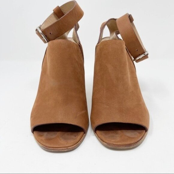 Pour La Victoire Suede Tan Brown 4" Wood Block Heel Peep Toe Mule Ankle Strap 6 - Picture 3 of 12